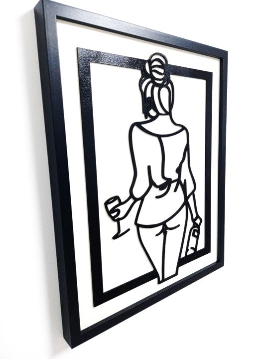 Wine Time Girl - Laser Cut Wall Art, Framed - 53cm x 43cm x 3cm - Urban Vibe Studio