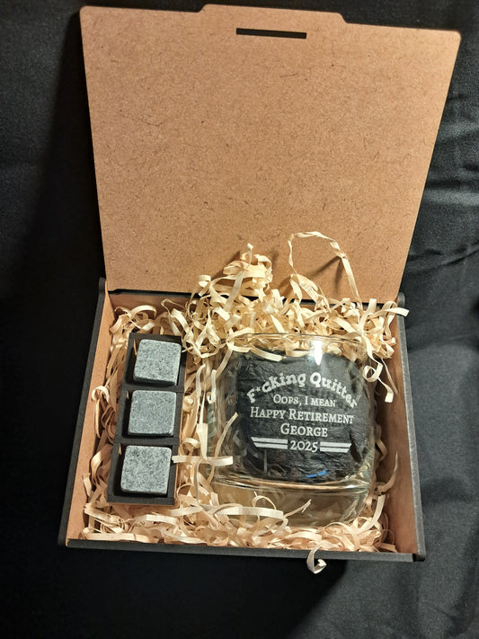 Personalised Retirement Gift - Laser Engraved Whiskey Glass - Urban Vibe Studio