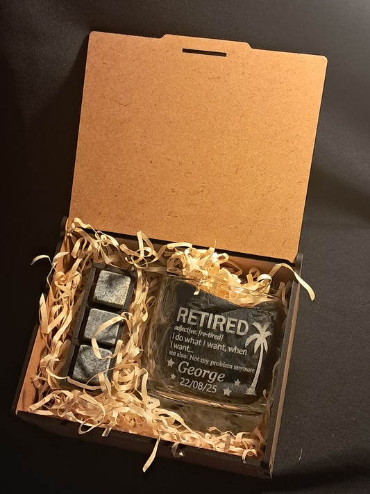 Personalised Retirement Gift - Laser Engraved Whiskey Glass - Urban Vibe Studio